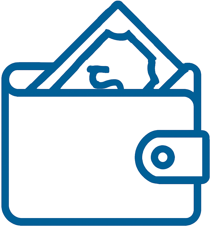 Blue line art icon of a wallet with a banknote sticking out.