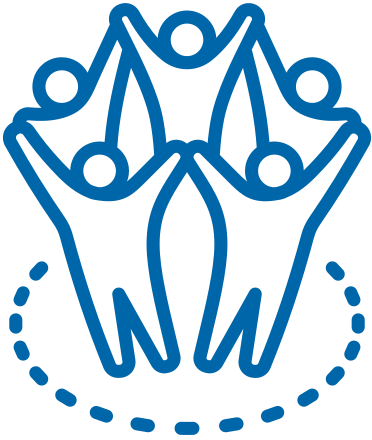 Blue outline icon of five human figures holding hands in a circle, symbolizing unity and inclusion.